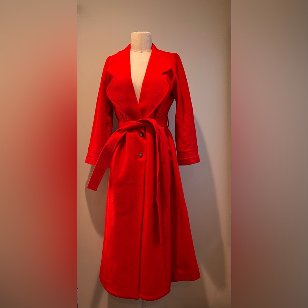 THE GREAT. Trapunto long wool hot red trench coat tie waist sz 0 XS S - Picture 5 of 13
